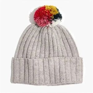 Madewell Gray Merino Wool Pom Pom Beanie Hat Ribbed Knit Cozy Winter One Size